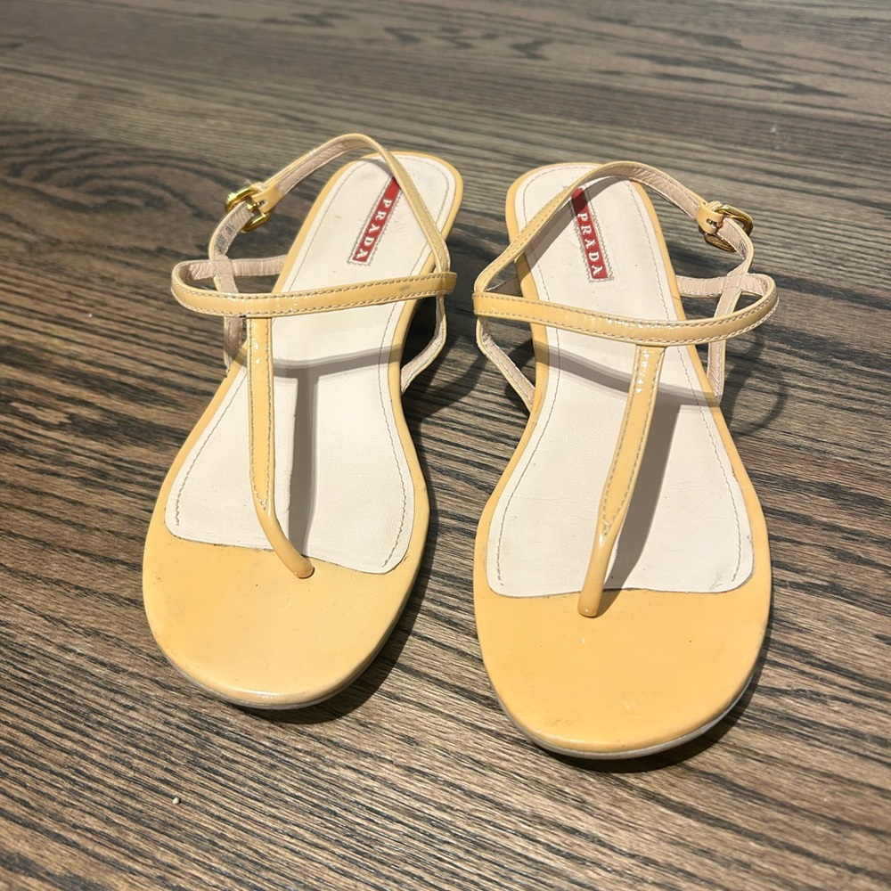 Prada Gold Metallic Low Wedge Sandals EU 39.5 / US 8.5 Adjustable Strap